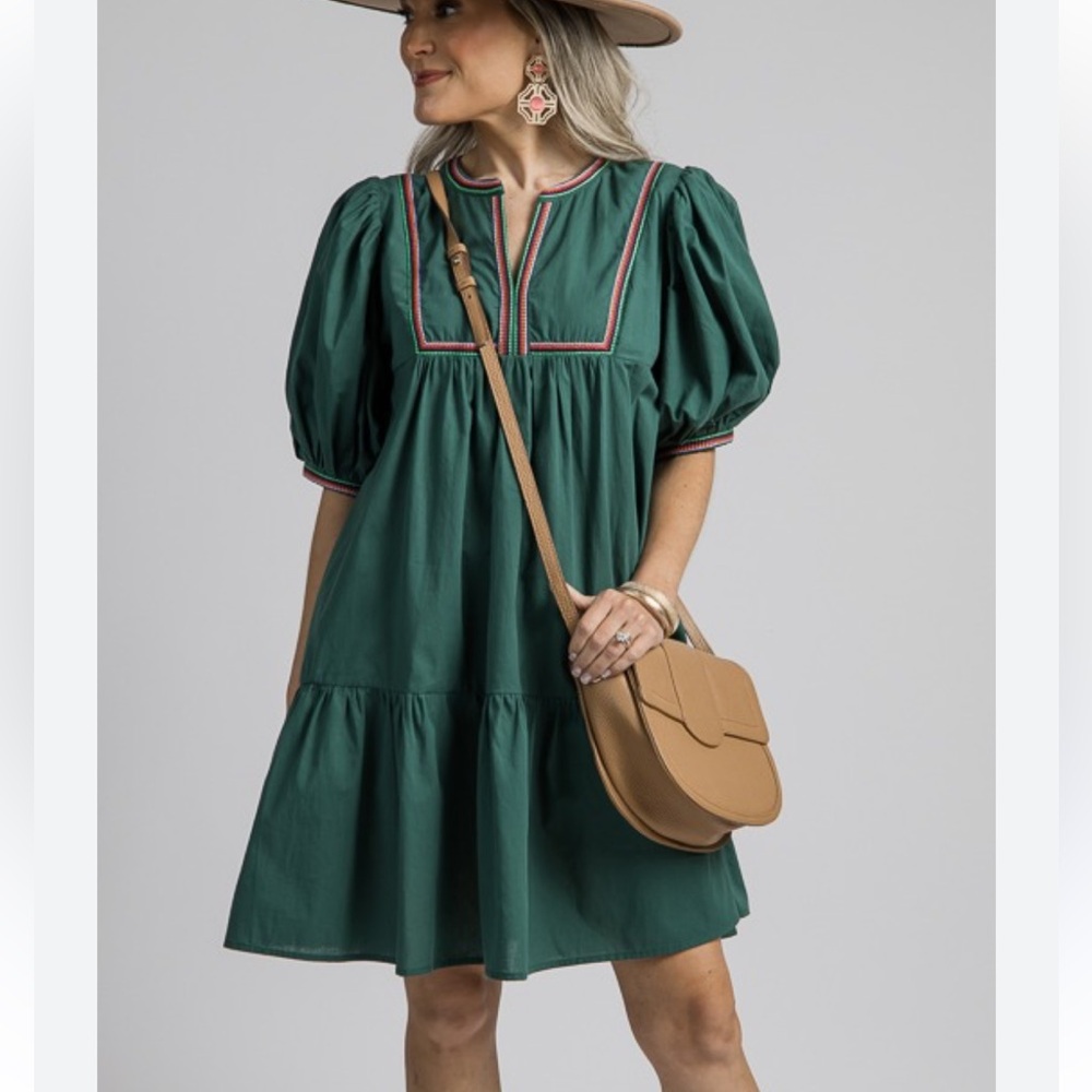 Boutique Pinch Holmes hunter Green Puff Sleeve embroidered bohemian mini Dress